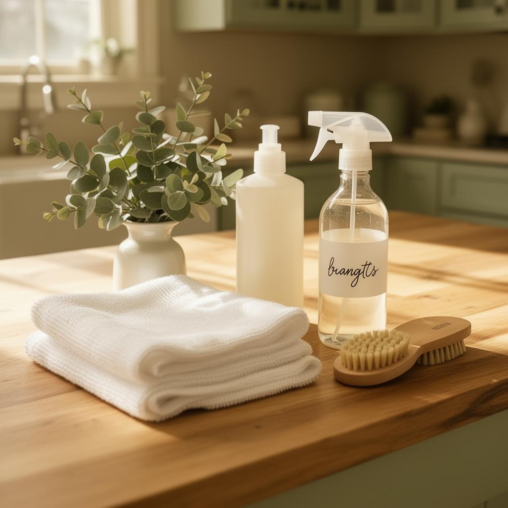 Cleaning supplies arranged on a sunlit kitchen counter